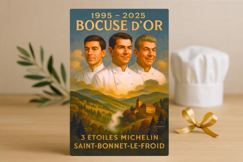 Affiche commémorative Bocuse d’Or 2025 réalisée par la Manufacture Arssans en hommage à la Famille Marcon, 3 étoiles Michelin à Saint-Bonnet-le-Froid.