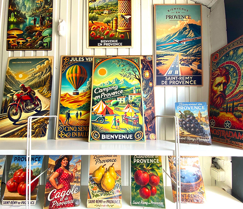Mur d’exposition du showroom Manufacture Arssans présentant plusieurs affiches rétro illustrées aux styles variés, inspirées de la Provence, des métiers d’autrefois et des régions de France.