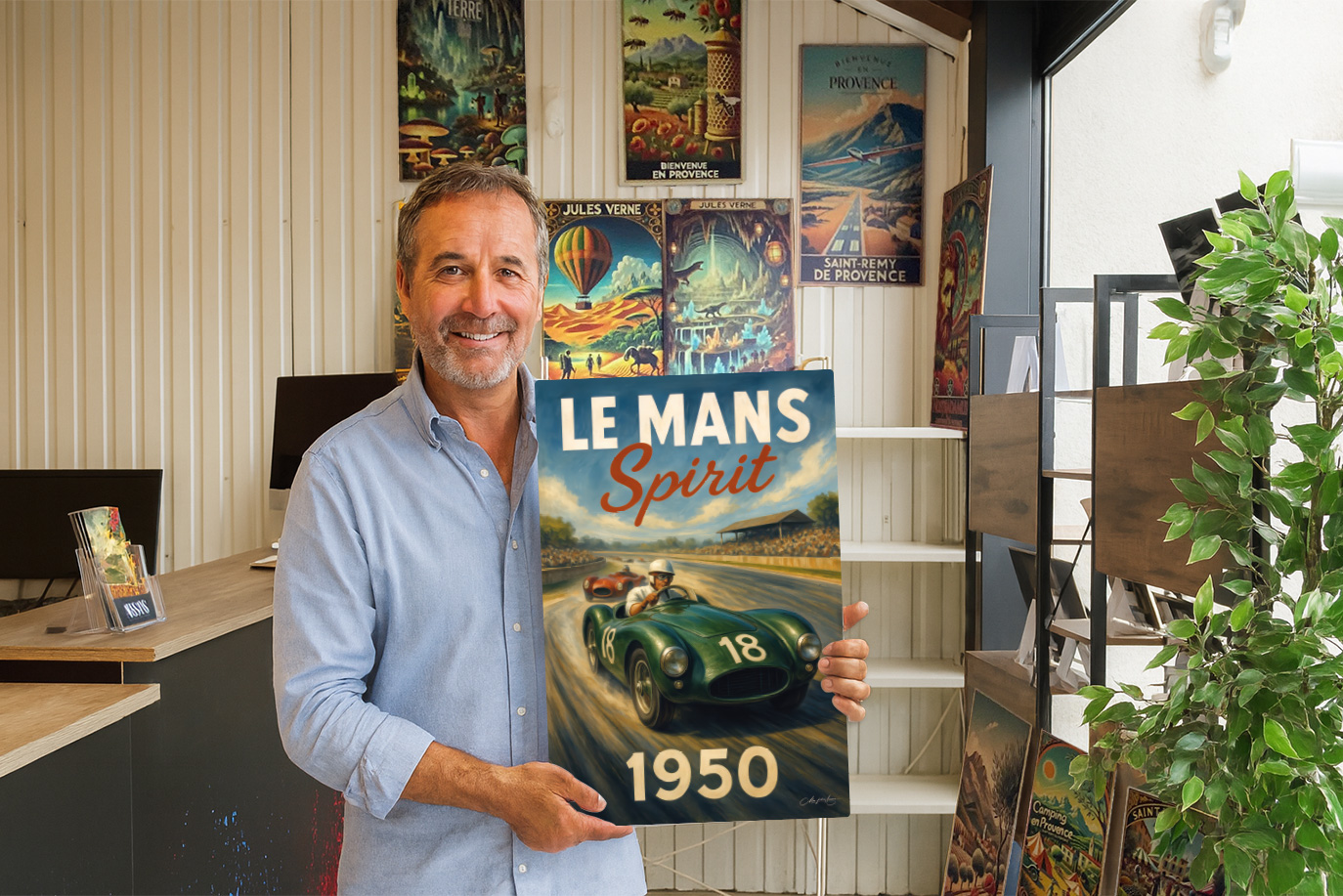 Homme dans le showroom Manufacture Arssans à Saint-Rémy-de-Provence présentant une affiche rétro “Le Mans Classic 1950” parmi les créations décoratives inspirées de la Provence.