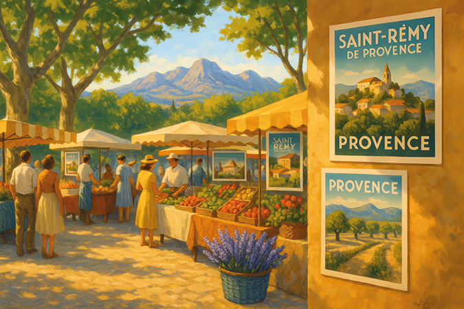 Scène de marché à Saint-Rémy-de-Provence sous les platanes, avec les Alpilles en arrière-plan et des affiches rétro Manufacture Arssans évoquant la Provence, la lumière du Sud et l’art de vivre provençal.
